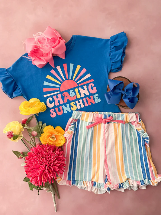 Custom CHASING SUNSHION Top Stripesl Shorts Girls Summer Clothes Set  D 4.10
