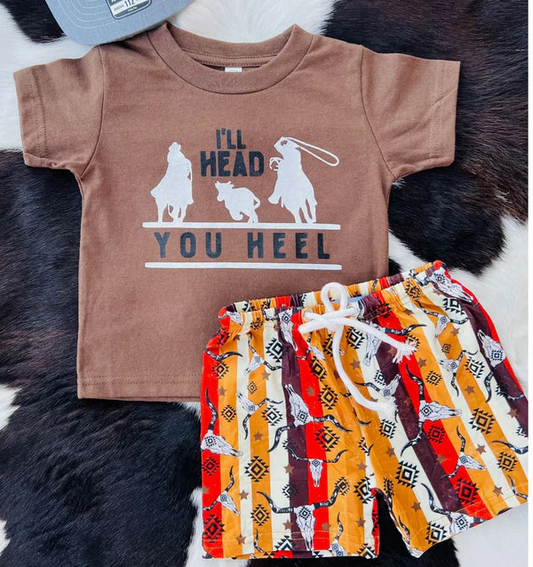 Custom I'LL HEAD YOU HEEL Brown Top Aztec Stripes Shorts Boys Summer Clothes Set  D 4.10