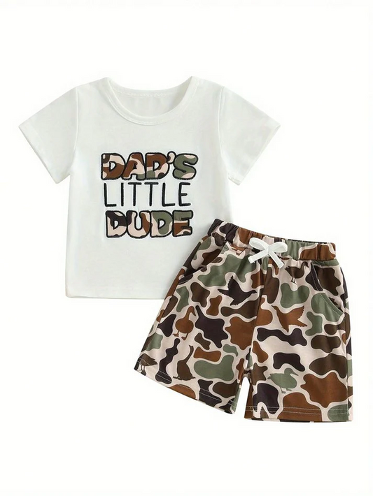 Custom DAD'S LITTLE DUDE Top Camo Shorts Boys Summer Clothes Set  D 4.10