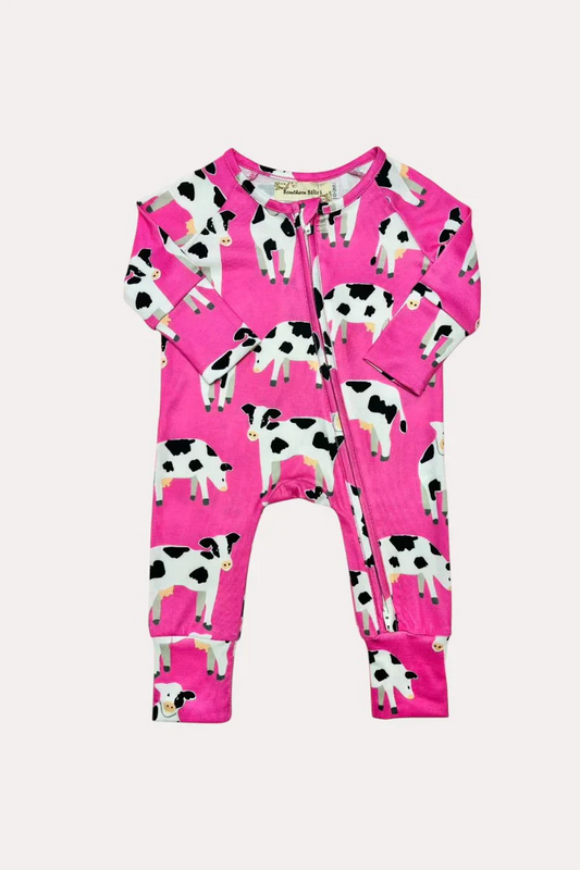 Custom Cows Hot Pink Print Baby Girls Long Sleeve Zipper Sleeper Romper D 4.10
