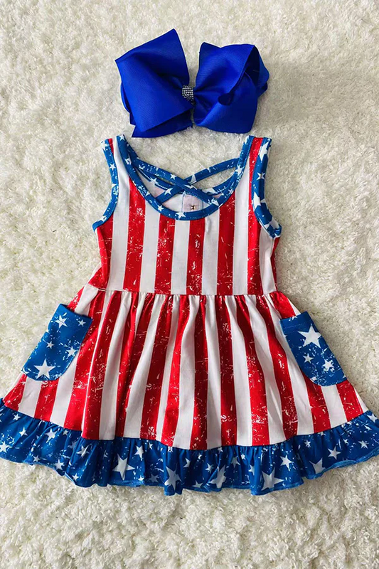 Custom Red Stripes Stars Print Pockets Girls 4th of July Knee Length Dress  D 4.10