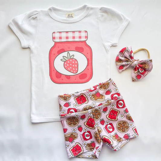 Custom Strawberry White Top Shorts Girls Summer Clothes Set  D 4.10