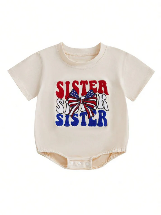 Custom Sister Bow Print Baby 4th of July Bubble Romper D 4.10