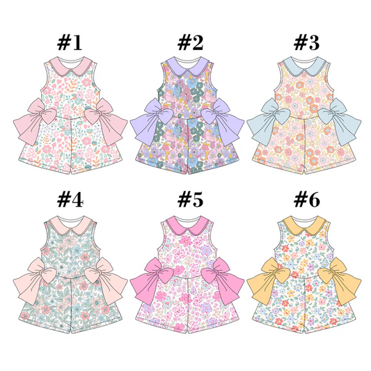 Custom 6 Colors Flowers Bows Print Girls Summer Jumpsuits Sisters Wear D 4.10