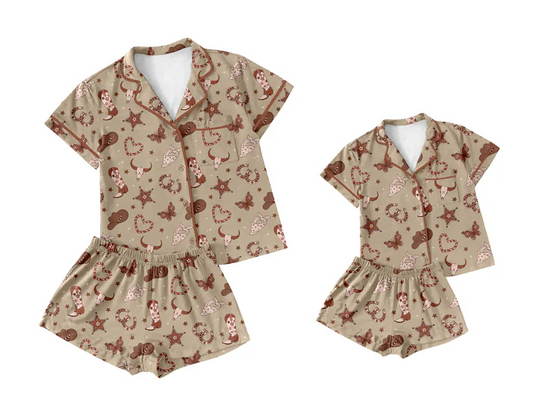 Custom Boots Stars Brown Print Buttons Pajamas Sets Mom and Me Summer Matching Clothes D 4.10