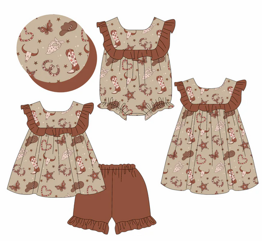 Match  Boots Stars Brown Print Girls Summer Matching Clothes Sisters Wear D 4.10