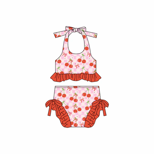 Custom Cherry Bows Plaid Print Girls 2 Piece Swimsuits  D 4.10
