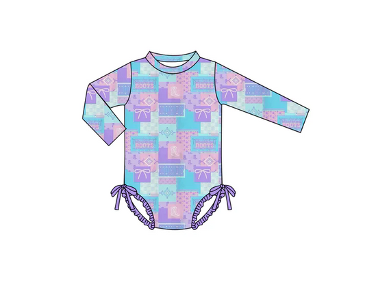 Custom HOWDY BOOTS Purple Bows Print Girls Long Sleeve 1 Piece Swimsuits D 4.10