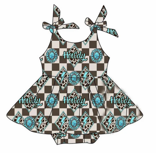 Custom Howdy Turquoise Plaid Print Western Baby Girls Summer Skirted Romper D 4.10