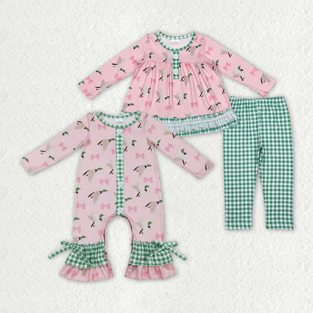 Match Sister Baby Girls Mallard Ducks Bows Checkered Clothes Sets  D 4.12