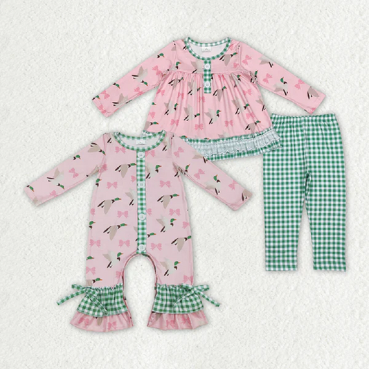 Match Sister Baby Girls Mallard Ducks Bows Checkered Clothes Sets D 4.12