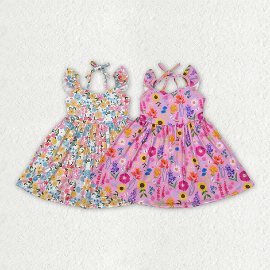 Match Baby Girls Flutter Sleeves Floral Backless Bow Knee Length Dresses D 4.16