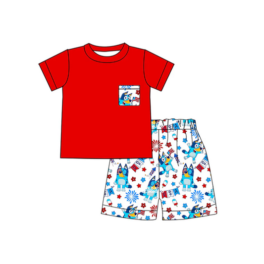 Custom Kids Boys July 4th Cartoon Blue Dog Shorts Set D 4.14