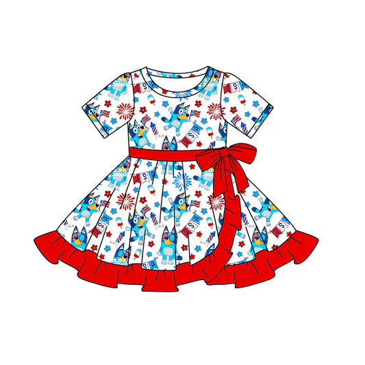 Custom Kids Girls July 4th Cartoon Blue Dog Short Sleeve Dress D 4.14