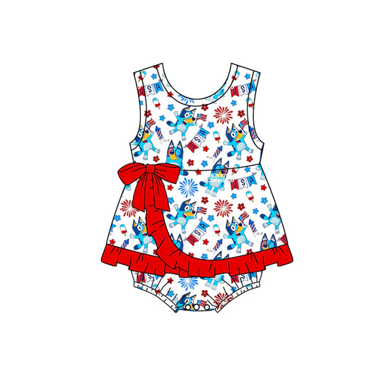 Custom Kids Girls July 4th Cartoon Blue Dog Romper D 4.14