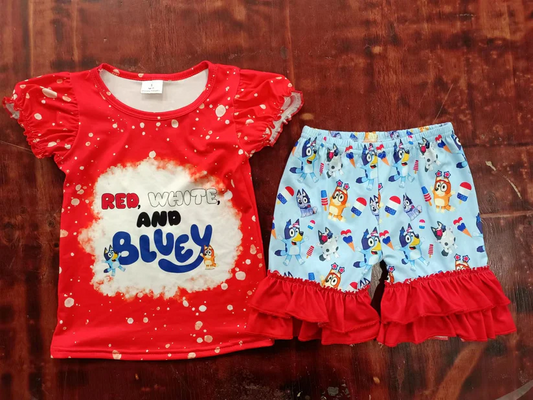 Custom July 4th Cartoon Blue Dog Girls Shorts Set  D 4.14