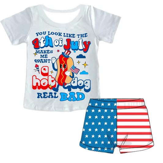 Custom Baby Boys Summer 4th of July Hot Dog Shorts Outfit D 4.14