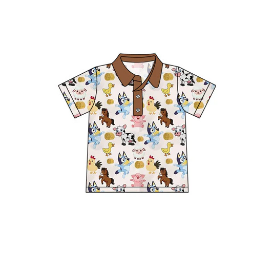 Custom Kids Boys Cartoon Blue Dog Farm Polo Shirt Top D 4.15