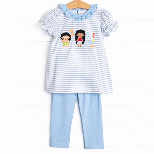 Custom Baby Girls Light Blue Stripe Short Ruffle Sleeves Princess Tunic Legging pants Set D 4.15