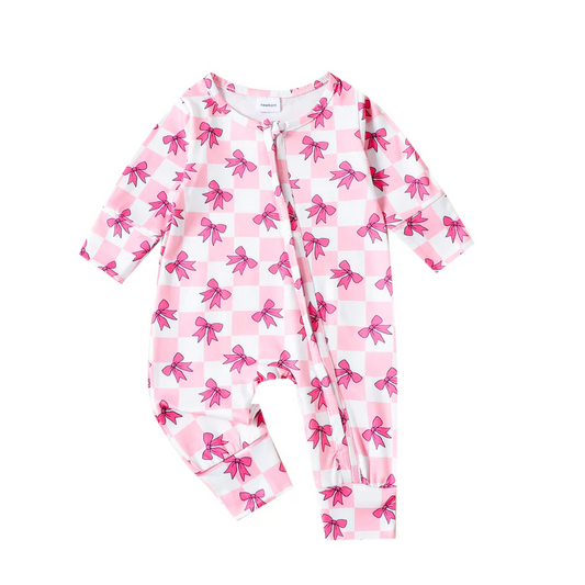 Custom Baby Girls Cite Bow Pink Checker Zip Rompe D 4.15