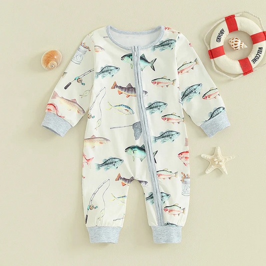 Custom Baby Boys Fishing Zip Romper  D 4.15