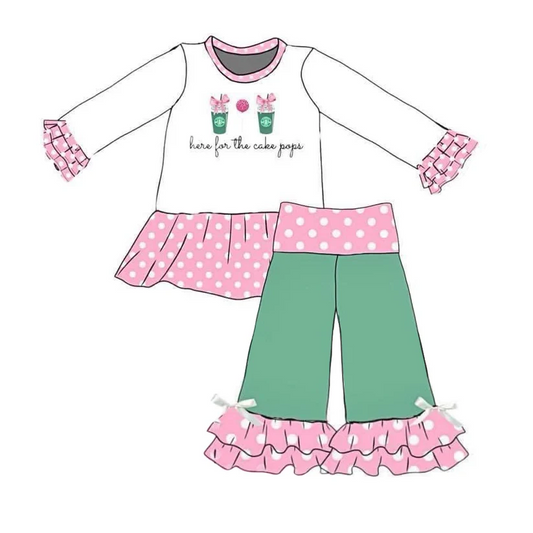 Custom Baby Girls Cake Top Pink Polka Dot Green Pants Outfit D 4.15