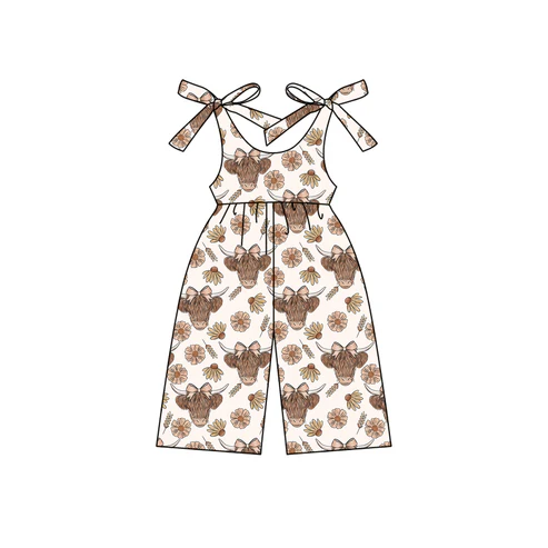 Custom Baby Girls Sleeveless Highland Cows Daisy Jumpsuits D 4.17