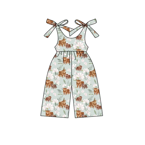 Custom Baby Girls Blue Sleeveless Highland Cows Flowers Jumpsuits D 4.17