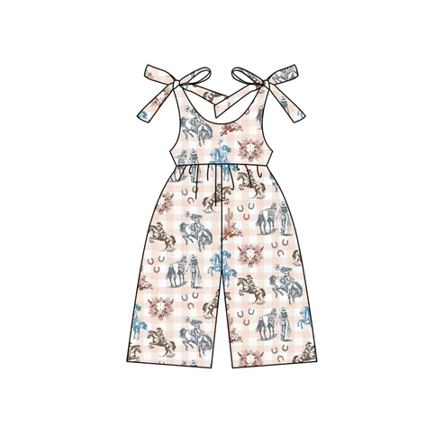Custom Baby Girls Sleeveless Pink Plaid Horse Rodeo Cactus Jumpsuits D 4.17