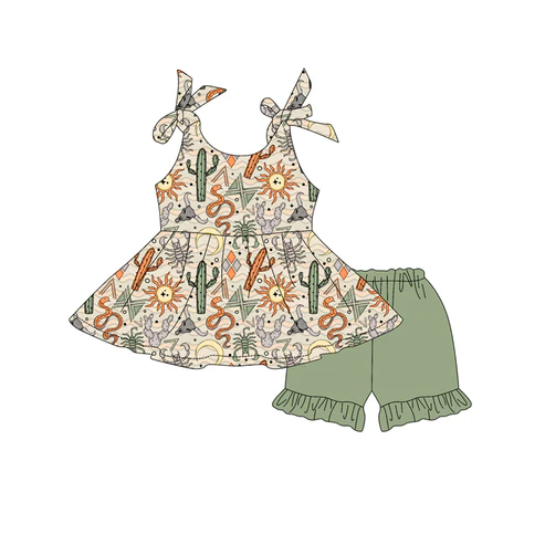 Custom Baby Girls Green Bows Sleeveless Cactus Suns Tunic Ruffle Short Set D 4.17