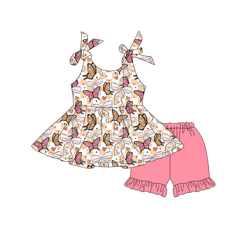 Custom Baby Girls Pink Bows Sleeveless Butterfly Hearts Tunic Ruffle Short Set  D 4.17