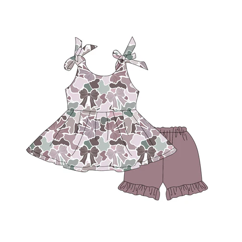 Custom Baby Girls Gray Camo Bows Sleeveless Tunic Ruffle Short Set  D 4.17