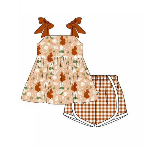 Custom Baby Girls Brown Strap Horse Rodeo Tunic Plaid Short Set D 4.17