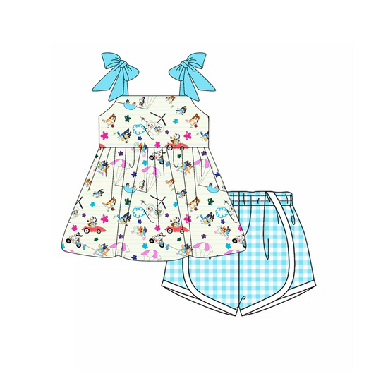 Custom Baby Girls Aqua Strap Cartoon Dogs Beach Tunic Plaid Short Set D 4.17