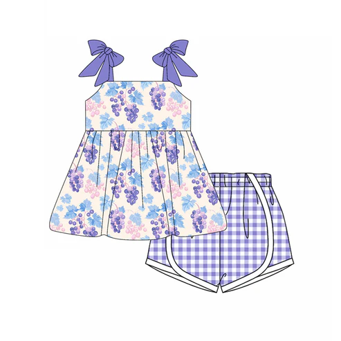 Custom Baby Girls Purple Strap Grape Tunic Plaid Short 4th Of July Set D 4.17