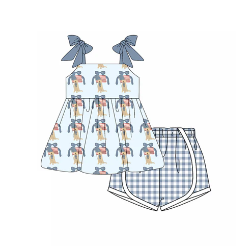 Custom Baby Girls Hot Blue Strap Flags Dogs Tunic Plaid Short 4th Of July Set D 4.17