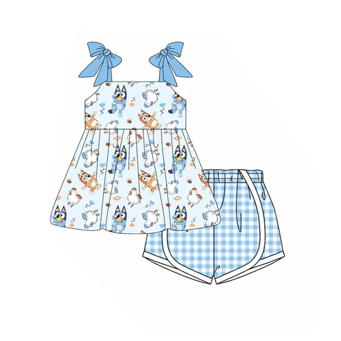 Custom Baby Girls Blue Strap Cartoon Dogs Tunic Plaid Short Set D 4.17