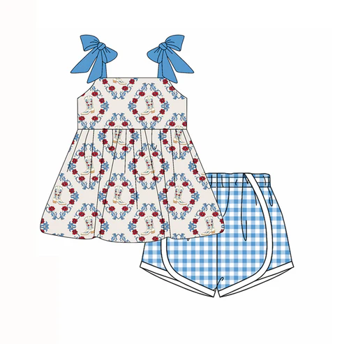 Custom Baby Girls Blue Strap Boots Floral Tunic Plaid Short Set D 4.17