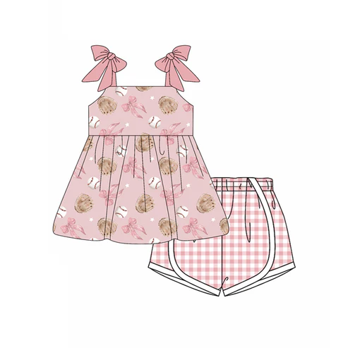 Custom Baby Girls Pink Strap Bows Baseballs Tunic Plaid Short Set D 4.17