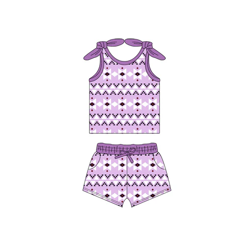 Custom Baby Girls Bows Sleeveless Purple Aztec Top Pockets Short Set D 4.17
