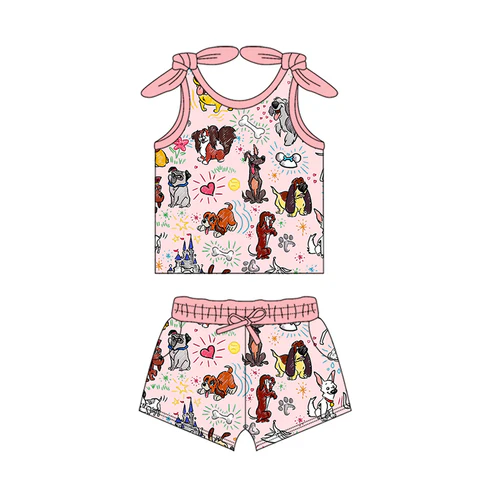 Custom Baby Girls Bows Sleeveless Cartoon Dogs Top Pockets Short Set D 4.17