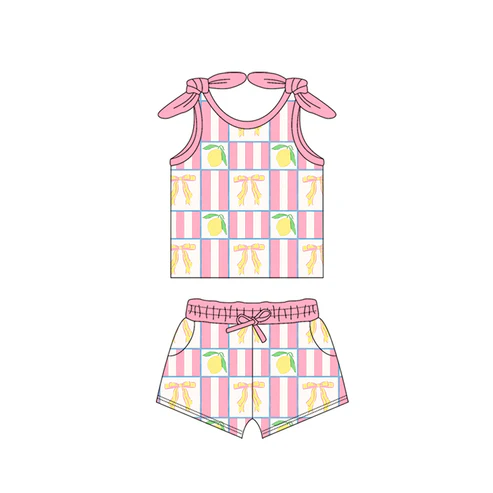 Custom Baby Girls Bows Sleeveless Bows Lemons Top Pockets Short Set D 4.17