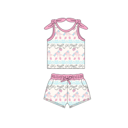 Custom Baby Girls Bows Sleeveless Bows Strawberry Top Pockets Short Set D 4.17