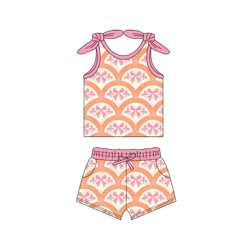 Custom Baby Girls Bows Sleeveless Bows Plaid Top Pockets Short Set D 4.17