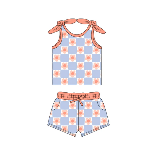 Custom Baby Girls Bows Sleeveless Peach Flowers Top Pockets Short Set D 4.17
