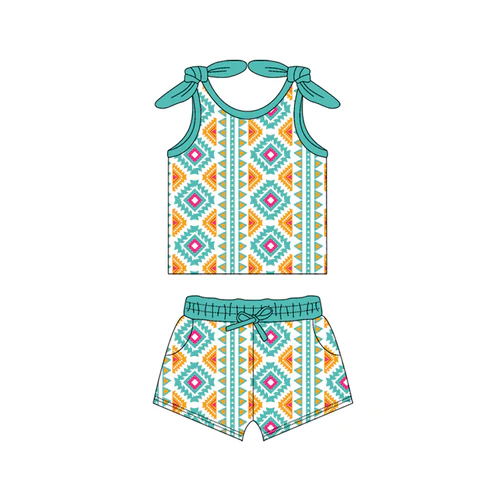 Custom Baby Girls Bows Sleeveless Aztec Plaid Top Pockets Short Set D 4.17