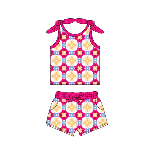 Custom Baby Girls Bows Sleeveless Flowers Plaid Top Pockets Short Set D 4.17