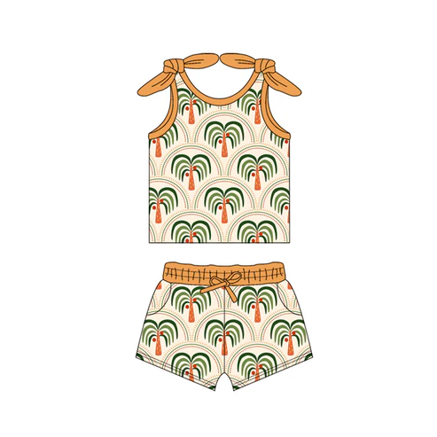 Custom Baby Girls Bows Sleeveless Trees Rainbows Top Pockets Short Set D 4.17