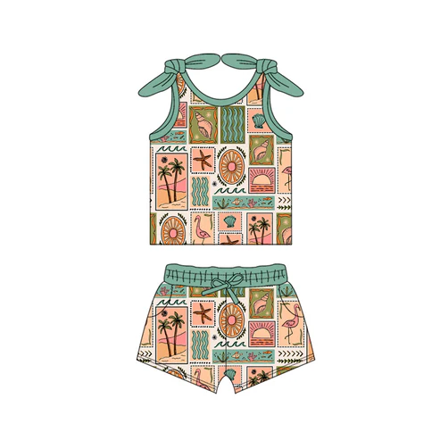 Custom Baby Girls Bows Sleeveless Sea World Beach Top Pockets Short Set D 4.17
