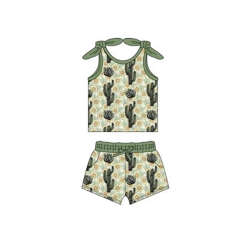 Custom Baby Girls Bows Sleeveless Cactus Top Pockets Short Set D 4.17